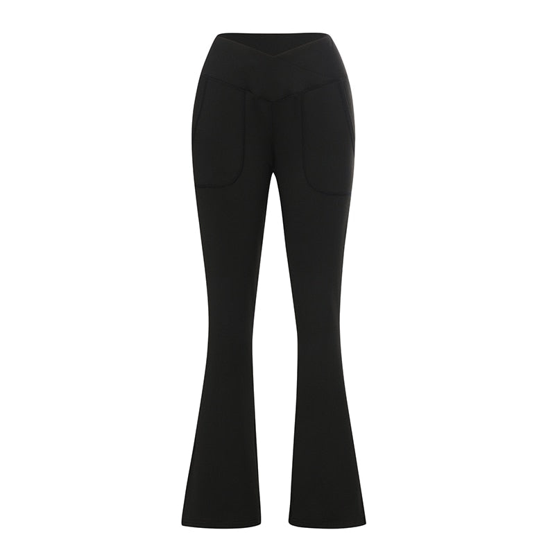 Crossover Split Pants Yoga Pants Elastic High Waist Full Length Flare Pants with Pockets