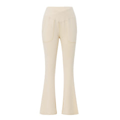 Crossover Split Pants Yoga Pants Elastic High Waist Full Length Flare Pants with Pockets